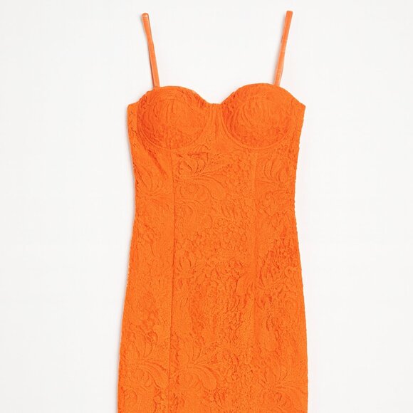 Bebe Orange Lace Midi Dress Sweetheart Neckline w Adjustable & Removable Straps - Picture 1 of 9